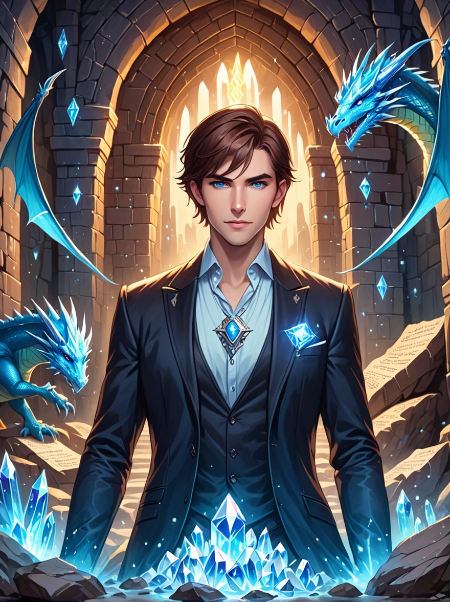 (((Dungeons & Dragons))),A glittering dragon's underground lair featuring an 1man wearing a black suit jacket, scrolls, mysterious runes,rock walls, crystals, gemstones,intense blue eyes,captivating face, (short brown hair), dungeon lighting, caves, high fantasy