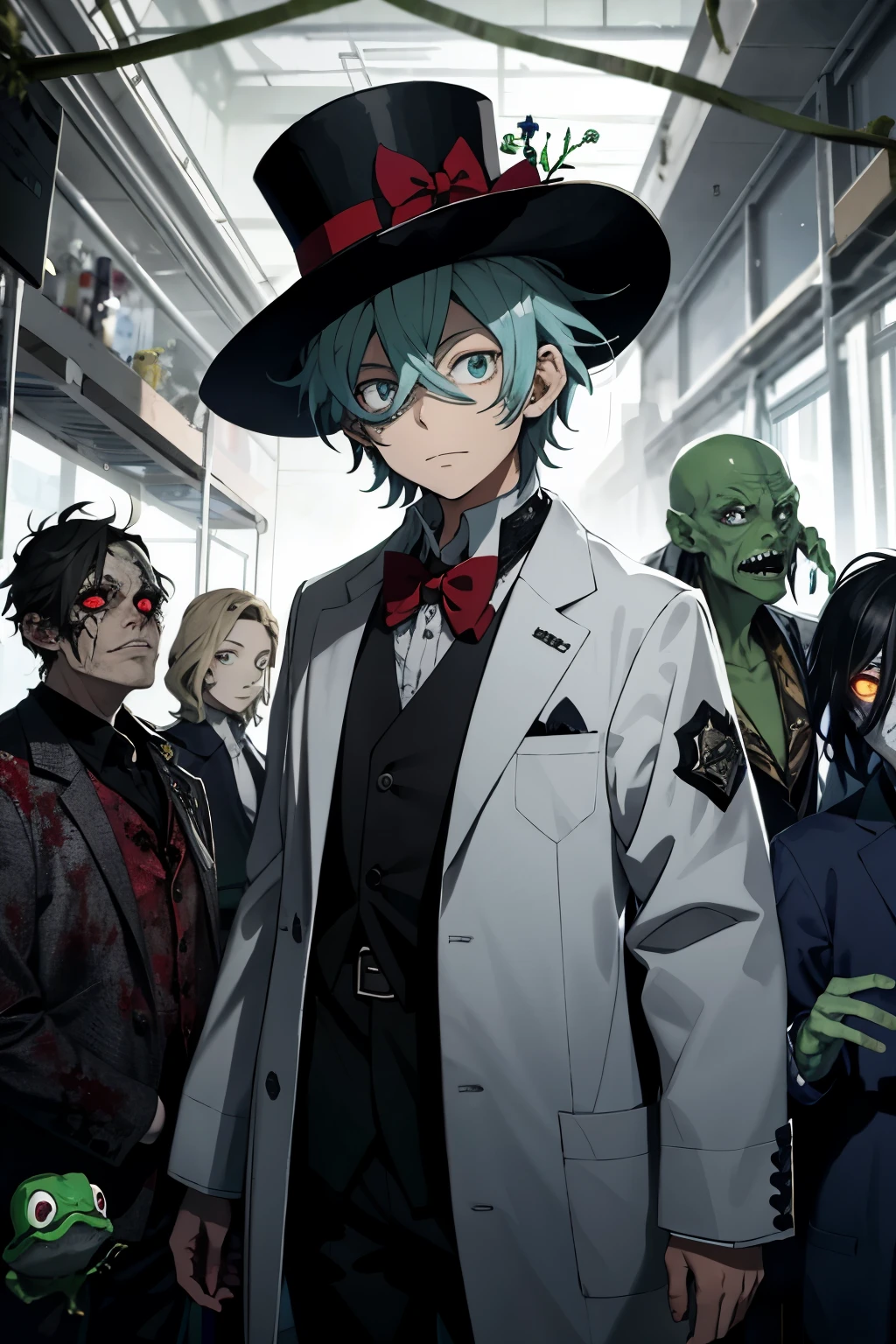 A captivating scene unfolds in the world of anime, where an effeminate boy adorned in a scientist's coat and a quirky, top-hat-like frog headpiece finds himself surrounded by hoards of gruesome zombies. The boy, with his delicate features and expressive eyes, stands courageously amidst the chaos, emanating a sense of innocence and vulnerability that contrasts sharply with the menacing undead.
Beside him, scientists’ lab equipment and macabre zombie specimens litter the ground, hinting at the backdrop of a once-thriving research facility now overrun by the undead. The background is a rich tapest