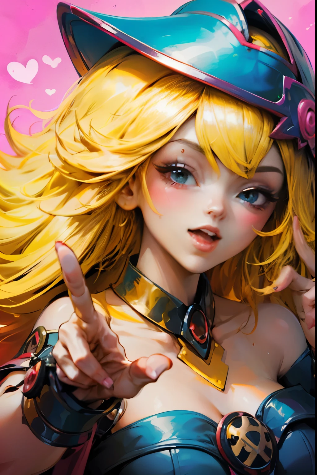 Beautiful dark magician Gils doing the peace and love sign with her fingers. She smiles in a sexy pose while making the peace sign with her hands. She winks, smiles and is flirtatious.