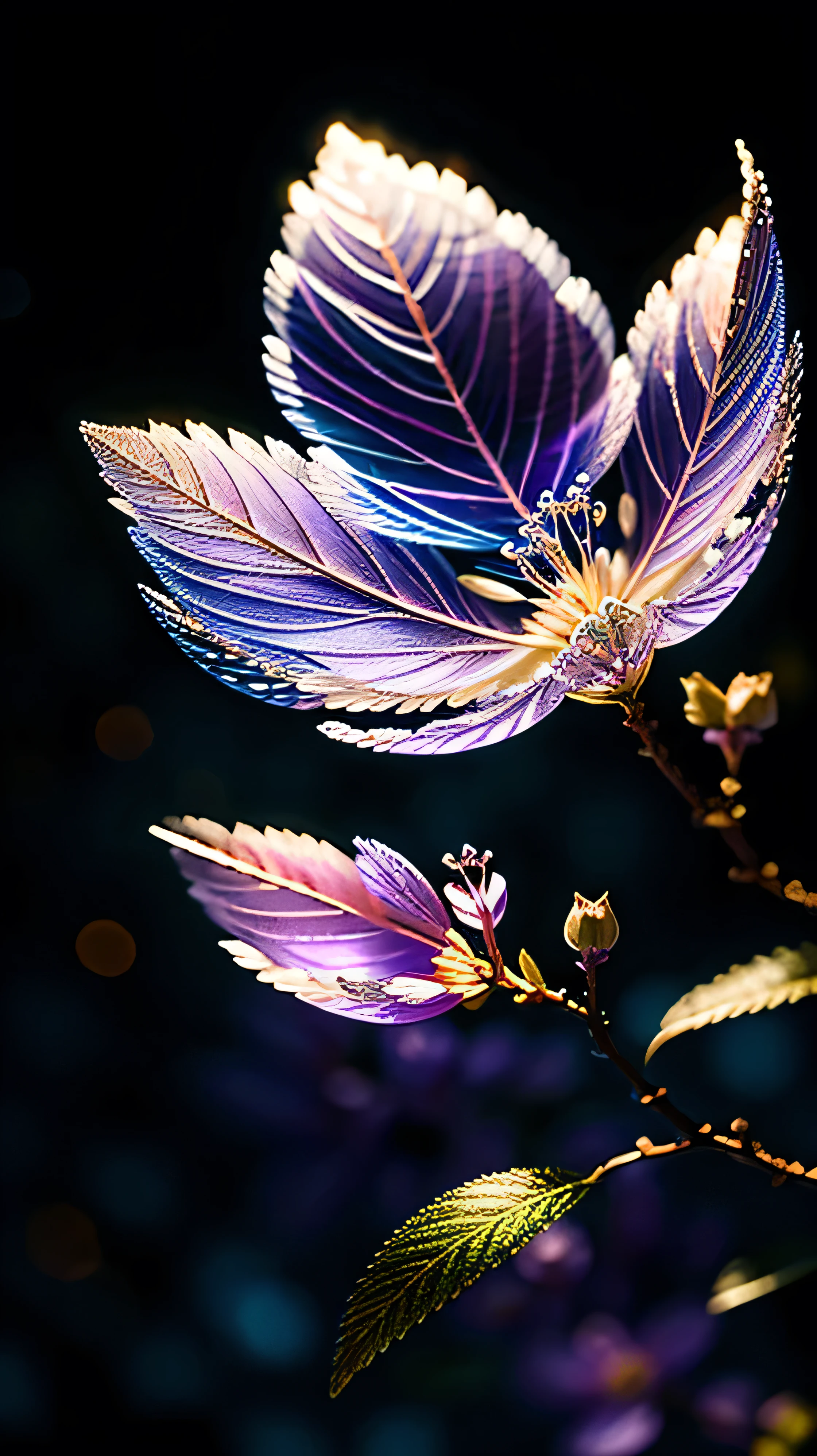 Branch of delicate lilac flowers, Ultra-transparent, holy Light, beautiful spectral Light, Petals Shine, Blink, Dark Background, drops of transparent Light, reflective Light, bright, Light streaming in, Optics, Portrait Profile, Sharp focus, Magic, complicated, Ultra-realistic, Fantasy, composition, Light, Art Station Trends, Pearl, Silvery steam guardian cloud, Caustic Enveloped Ray, 8K, ureal ar 23v4 upLight