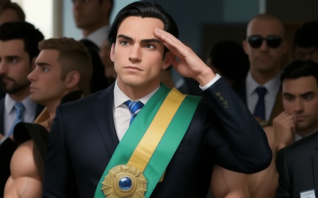 muscular man, black hair, in a suit with a belt, doing a standing position
sense.