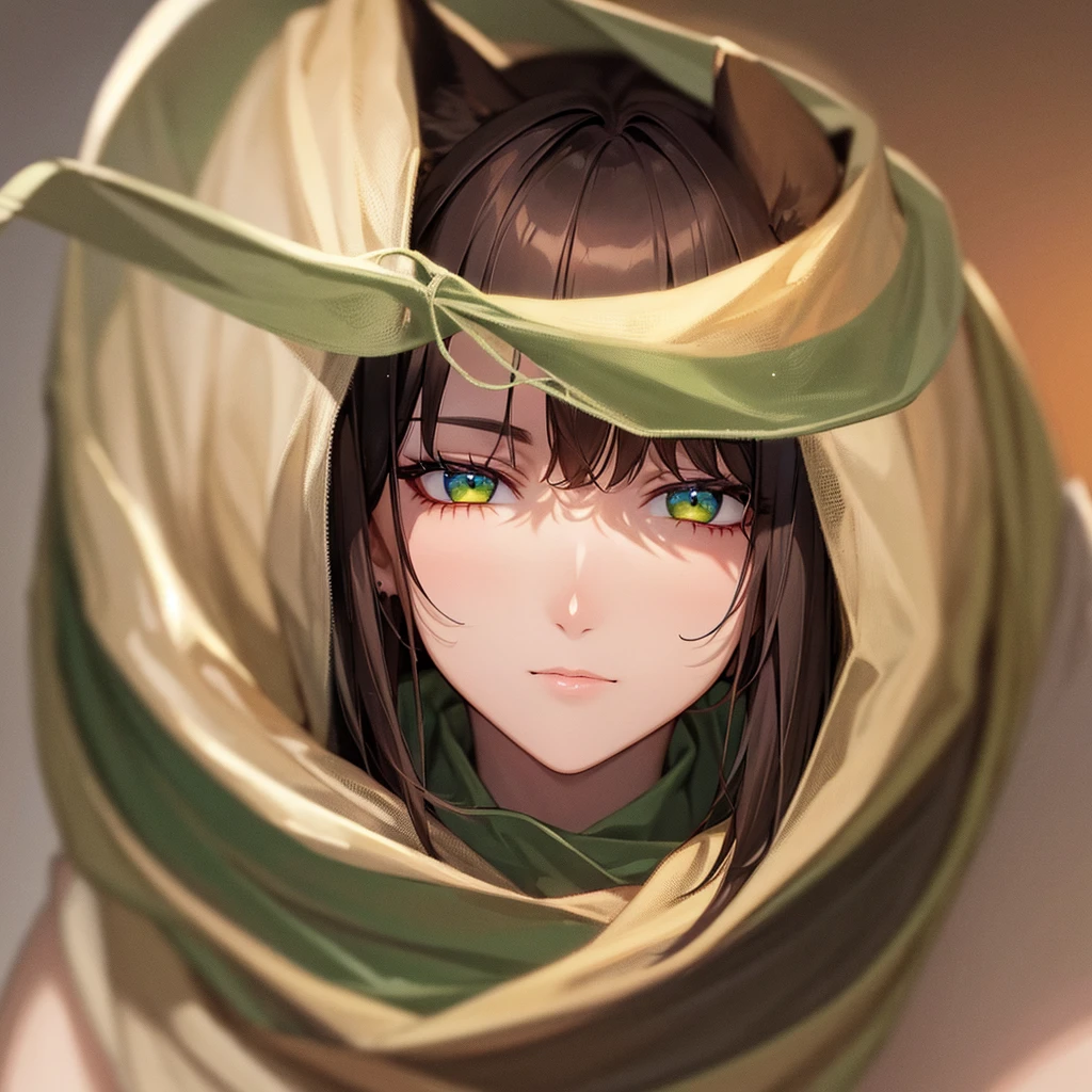 dark brown hair, Caucasian skin, ear wolf, clear green eyes