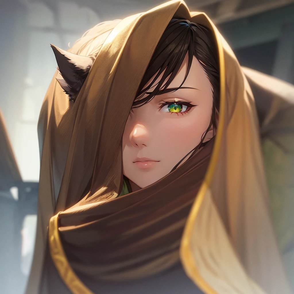 dark brown hair, Caucasian skin, ear wolf, clear green eyes 