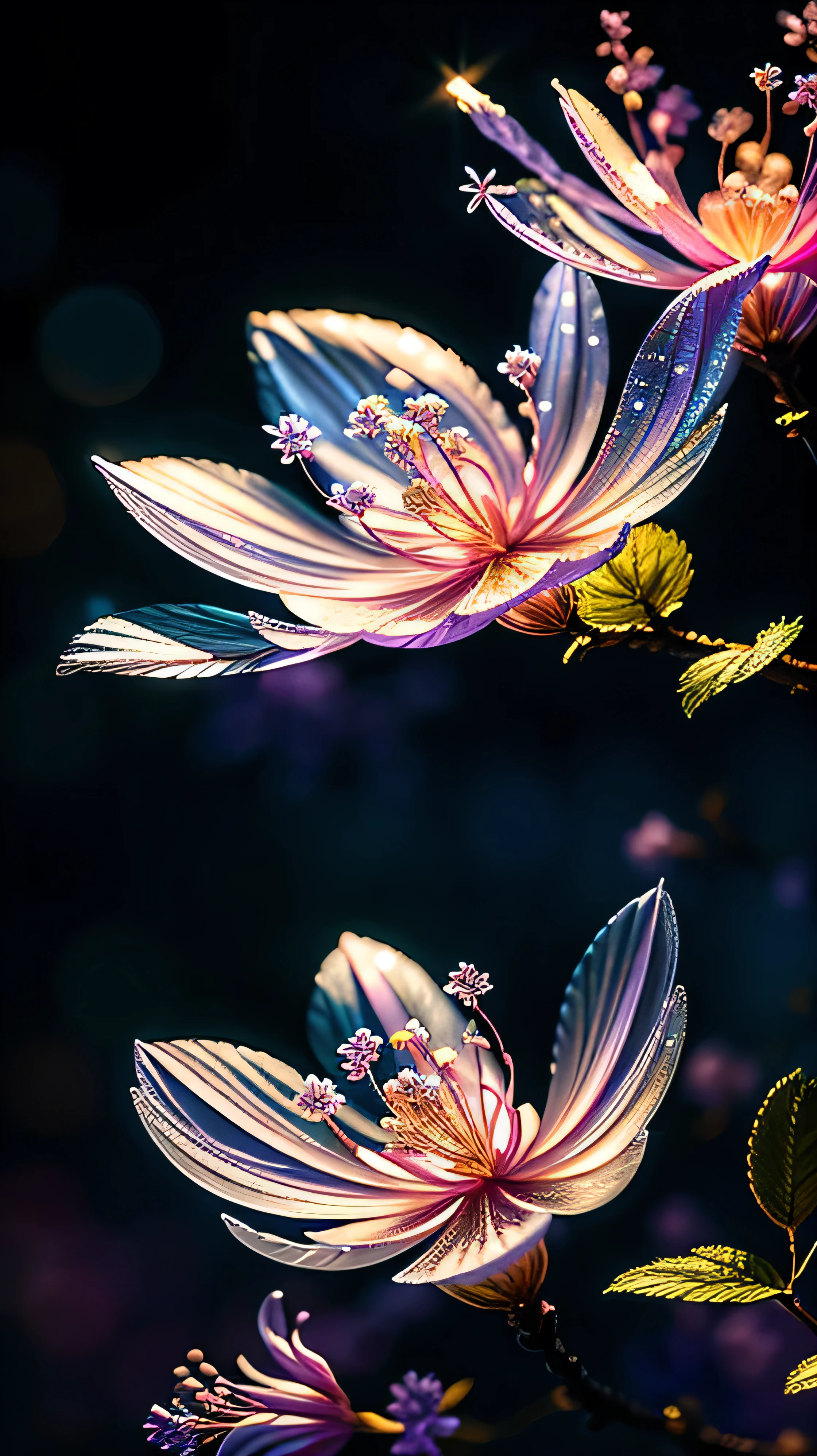Branch of delicate lilac flowers, Ultra-transparent, holy Light, beautiful spectral Light, Petals Shine, Blink, Dark Background, drops of transparent Light, reflective Light, bright, Light streaming in, Optics, Portrait Profile, Sharp focus, Magic, complicated, Ultra-realistic, Fantasy, composition, Light, Art Station Trends, Pearl, Silvery steam guardian cloud, Caustic Enveloped Ray, 8K, ureal ar 23v4 upLight
