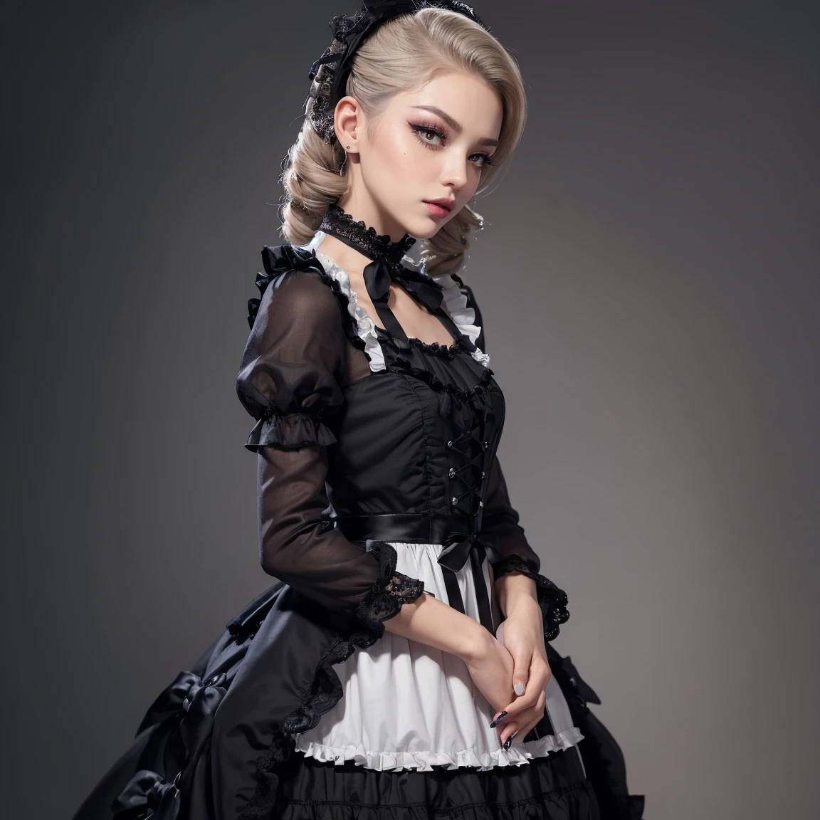 (Masterpiece, Best Quality:1.5), Illustration, Ultra-detailed, finely detail, Hight resolution, 8K Wallpaper, Perfect dynamic composition, cinematic lighting, portrait, looking at viewer, Beautiful detailed eyes, Sexy face, Perfect beautiful hands, Raw real photos, beautiful realistic face, beautiful face, perfect face, highly detailed beautiful face and eyes, attractive face, detailed face, delicate facial features, detailed skin, shiny skin, perfect anatomy, highly detailed background, elaborately designed, fine cloth texture, BREAK, (full body:1.5), (Shaved head:1.3), (perfect make-up, eyeshadow, lash extensions, lips:1.4), (Lolita fashion:1.5), (three view drawing, front and back and side, character sheet:1.2)