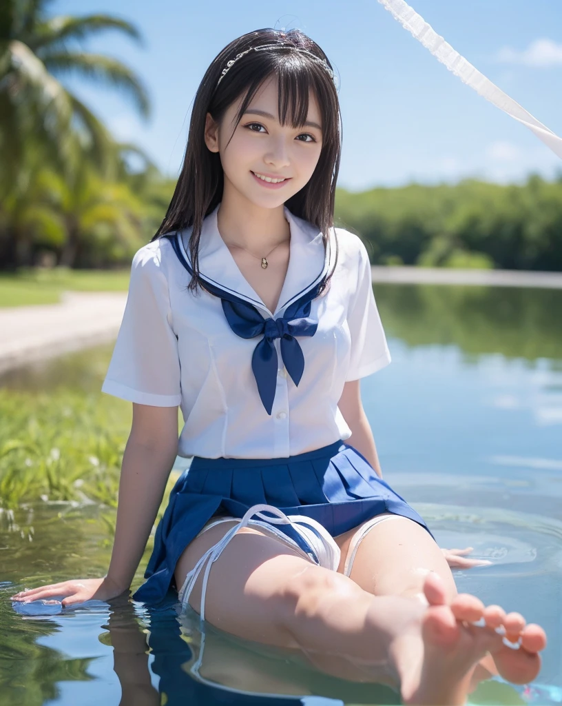 (NFSW)、(High resolution:1.5)、Highest quality,Very detailed,masterpiece,Super detailed,alone,(1 15 year old girl),((Summer School Uniforms:1.5)), Seraphim, ((skirt:1.5)), smile, Thigh fetish images: 1.5、(((barefoot)))、(Her thighs and white bikini reflected in the clear blue water)、(reflected in water:1.5)、((I can see the white string panties:1.5))、(Cleavage)、((Clear blue seawater))、Summer sun、はしゃいだsmile、Beautiful Eyes、(pull-out-panties)、Big necklace and tiara、The water is marine blue、