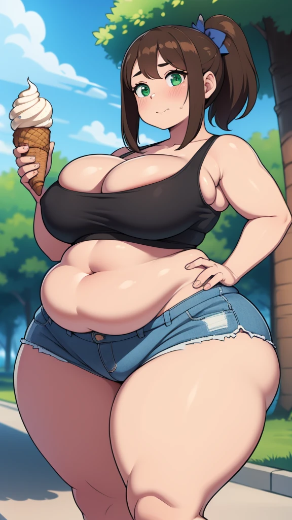 ((Masterpiece)), perfect anatomy, perfect shading, field of depth, (best quality), extremely delicate and beautiful, perfect lighting, detailed face, ultra cute face, cute, (1girl), (solo),

short fluffy brown hair, ponytail, green eyes, ((blush)), embarrassed, looking at viewer, crop top, shorts, cleavage, medium breasts, ((thick thighs)), ((wide hips)), fat ass, chubby, 

intricate background, detailed background, park, standing, holding ice cream,
