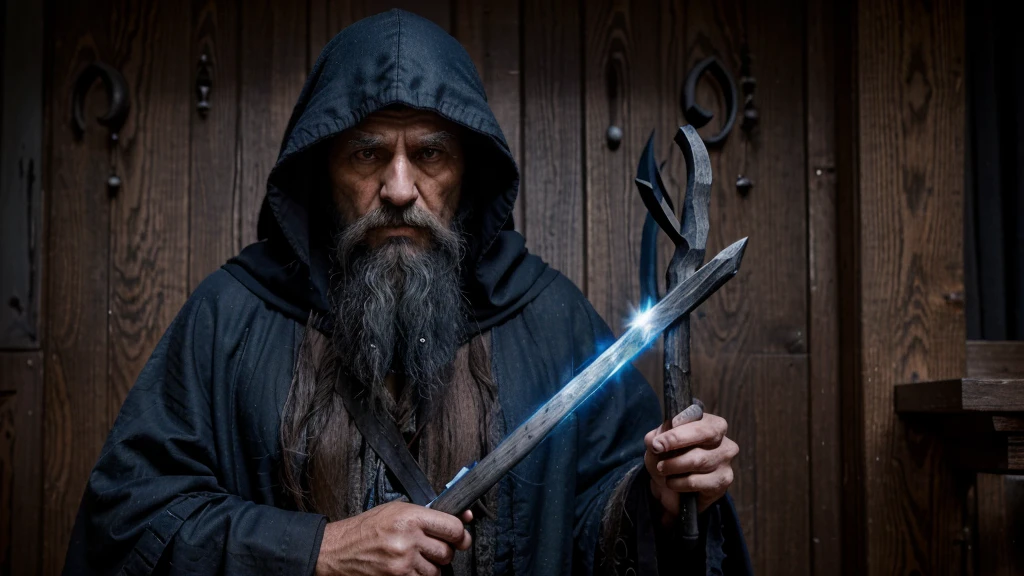 A man of indeterminate age, with deep and penetrating gaze.Thick, gray beard, dark hood that hides part of the face.Long midnight blue tunic with arcane symbols.Gnarled wooden staff that pulses with magical energy.