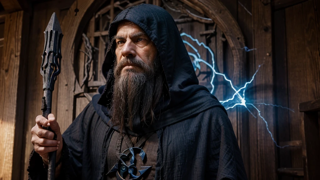 A man of indeterminate age, with deep and penetrating gaze.Thick, gray beard, dark hood that hides part of the face.Long midnight blue tunic with arcane symbols.Gnarled wooden staff that pulses with magical energy.