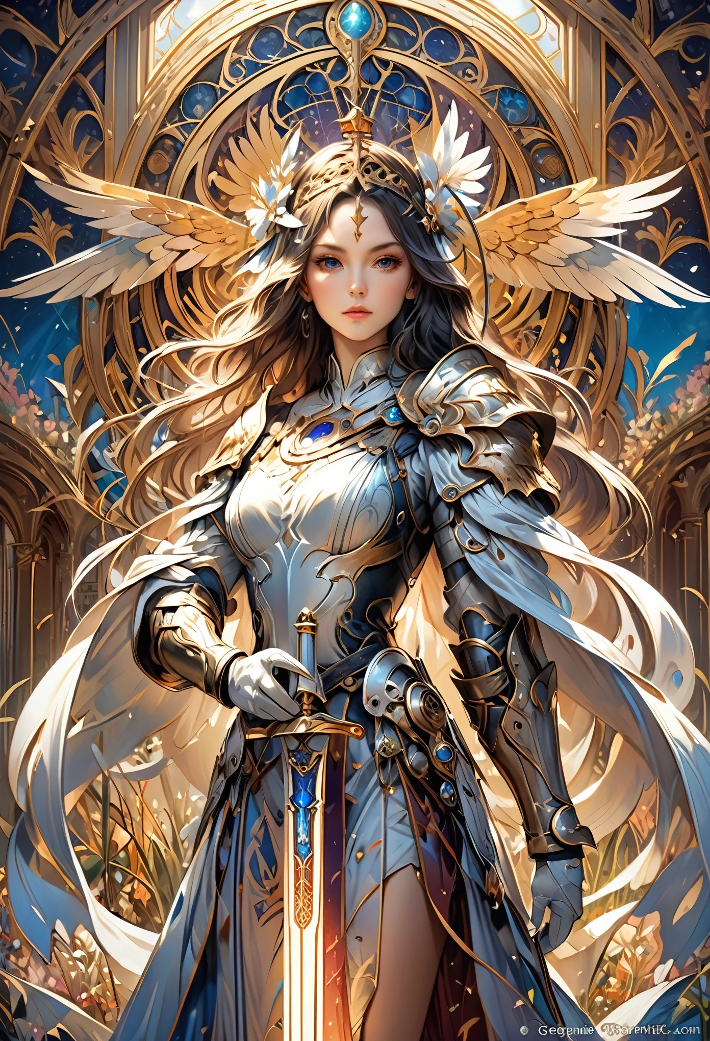 8K resolution, masterpiece, Highest quality, Award-winning works, unrealistic, sole sexy lady, healthy shaped body, 25 years old, white wavy long hair, hair band, big firm bouncing bust, ancient roman military commander's armor, Pure white armor with a complex structure, royal coat of arms, Hold up Excalibur with both hands, elegant, Very detailed, Digital Painting, artステーション, コンセプトart, Smooth, Sharp focus, shape, artジャム、Greg Rutkowski、Alphonse Mucha、William Adolphe Bouguereau、art：Stephanie Law , Magnificent royal background, Royal Jewel, nature, Full Shot, Symmetric, Greg Rutkowski, Charlie Bowwater, beep, Unreal 5, Surreal, Dynamic Lighting, ファンタジーart, Complex colors, Colorful magic circle, flash,  dynamic sexy poses