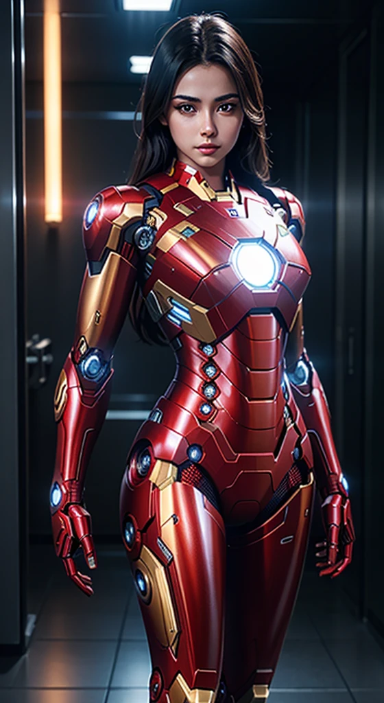 8k, realistic, attractive, highly detailed, a 20 year old girl a sexy and attractive woman inspired by Iron Man wearing a shiny Iron Man mech. She dresses with sexiness and confidence, perfectly interpreting Iron Man's strength and charisma. In a cyberpunk-style city night scene, a sexy and attractive woman takes Iron Man's cosplay as the theme. Wearing a shiny Iron Man mech, she stands on a street lined with tall buildings. The night lights of the city are bright, reflecting on her mecha, adding a sense of future technology. The surrounding buildings and streets are full of cyberpunk elements, such as neon lights, high-tech devices and futuristic architectural designs. The whole scene is full of futuristic and sci-fi atmosphere. This high-definition, high-quality picture will bring you stunning visual enjoyment, a perfect combination of sexy, futuristic and sci-fi elements. oc rendering, dramatic lighting, award winning quality