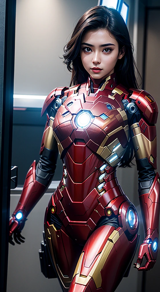 8k, realistic, attractive, highly detailed, a 20 year old girl a sexy and attractive woman inspired by Iron Man wearing a shiny Iron Man mech. She dresses with sexiness and confidence, perfectly interpreting Iron Man's strength and charisma. In a cyberpunk-style city night scene, a sexy and attractive woman takes Iron Man's cosplay as the theme. Wearing a shiny Iron Man mech, she stands on a street lined with tall buildings. The night lights of the city are bright, reflecting on her mecha, adding a sense of future technology. The surrounding buildings and streets are full of cyberpunk elements, such as neon lights, high-tech devices and futuristic architectural designs. The whole scene is full of futuristic and sci-fi atmosphere. This high-definition, high-quality picture will bring you stunning visual enjoyment, a perfect combination of sexy, futuristic and sci-fi elements. oc rendering, dramatic lighting, award winning quality