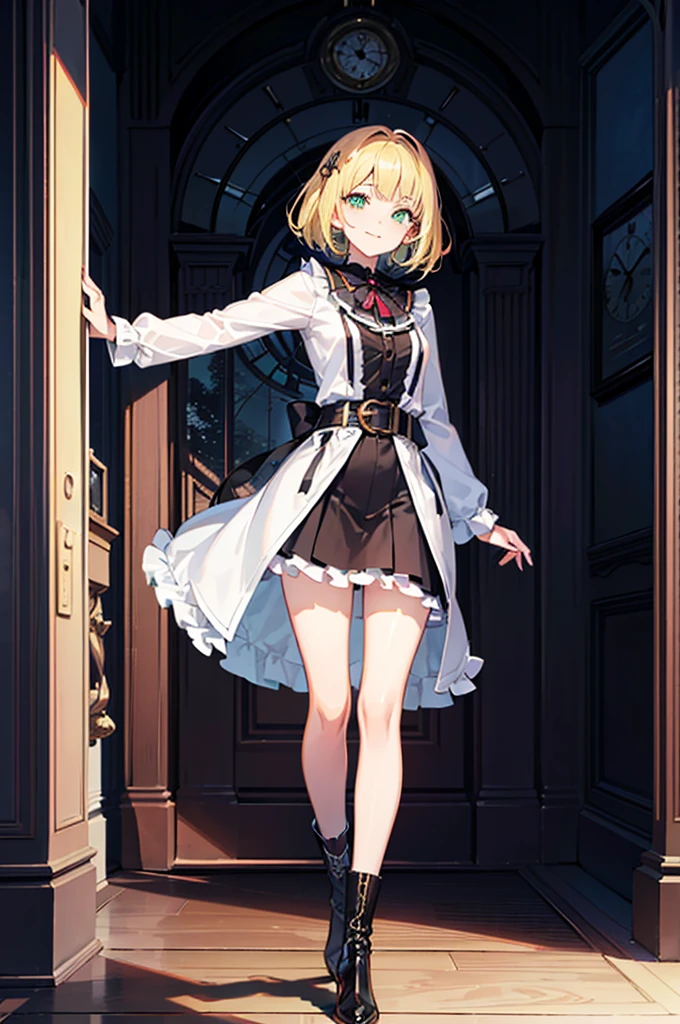(Official art、Best Quality、Unity 8k Wallpapers、32K、masterpiece、ultra-detailliert、超A high resolution、realisitic、Photorealsitic:1.2)、Detailed beautiful face and eyes、Sharp pupils、Realistic pupils、A slender、1Man Woman、Medium bust、(Full body:1.2)、 Highly detailed background、beauitful face、16-year-old beautiful girl、(super detailed skin、detailed skin textures:1.3)、(Half Blonde、Colorful hair:1.3)、Blunt bangs、green colored eyeagical girl costume、white shirt、Costumes with frills、frills skirt、knee sox、(thighs thighs thighs thighs:0.8)、Black boots、(inside of clock tower:1.4)、(front:1.3)、Fantastical、evil smile、she opened the door,dark room,inside,clock tower,come and walk,
