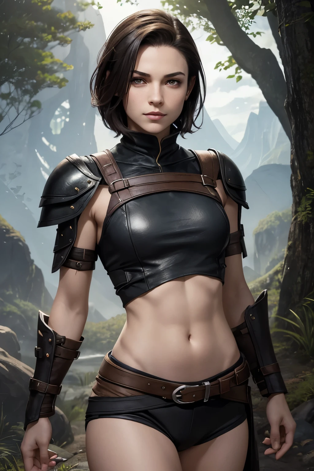 A happy young female rogue with an undercut in a fantasy setting. A rogue. Very androgynous looking. In a good mood. Sympathic. Tomboyish. Androgynous. Slim body. Very . Very small breasts. Wide hips. Thick legs. Face: Extremly pale skin with liverspots and freckles. Soft narrow face with a round chin. Soft small jaw. Big forehead. Very thin barely visible eyebrows. Upturned big dark-brown eyes. Dark-brown eyecolour. Very long and wide nose. Big curved lips. Very short dark-brown hair. A boyish short haircut. Undercut. Sides shaved. Rogue armor. Background: A untammed wilderness with forests, plains and mountains. 