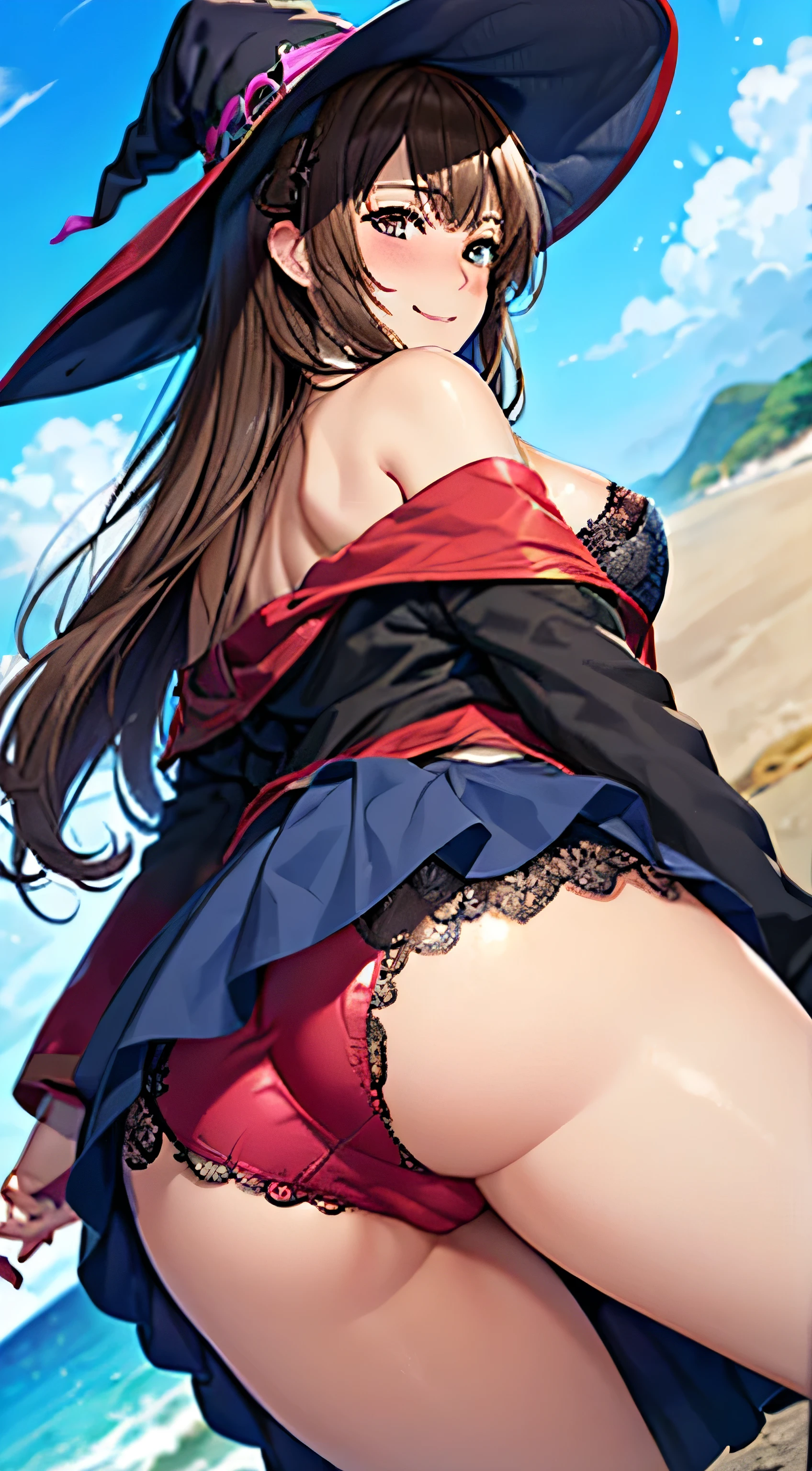 ((Tabletop, Highest quality, High resolution, , Pixel Perfect, 4K, ))), Beautiful woman,, alone, beauty、The whole body is visible、 (((Sexy Witch Cosplay), Long dark blonde wavy hair、Off-the-shoulder jacket, Dark blue flared skirt、、Mid-wave hair, bangs, Brown Hair)), ((Brown eyes, Beautiful eyelashes, Realistic eyes)), ((Detailed face, Blushing:1.2)), ((Smooth texture:0.75, Realistic texture:0.65, Realistic:1.1, Anime CG Style)), Center of chest, Dynamic Angle, Perfect body, ((,)), 、、Very embarrassing panic smile, 、Beautiful coast、Sleeping on the beach、(The wind flipped up her skirt, Showing cleavage、、、、Show me your ass、pink floral lace panties、)、Angle from below