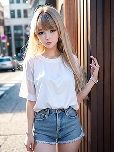 Beautiful, cute, bright, very clear face、White, bright, beautiful skin、Glowing cheek highlighter、Beautiful, cute, sexy, pale blue eyes、Enlarged double eyelids、Long, straight, light blonde hair, shiny and very beautiful.、Very sexy outfit for 18 year old、Beautiful, cute girl with long bangs rocking、The most beautiful western girls in the world、round face、cute appearance、full body shot