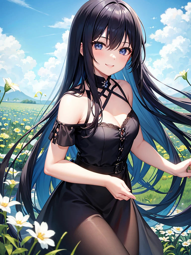 Flower Field、Blue sky、Long black hair、black eye、Woman in her early 20s、Face close-up、smile、Feminine clothes、turn around