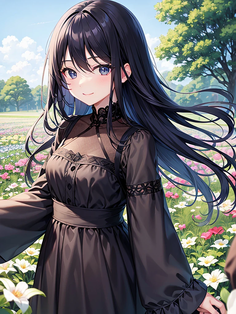 Flower Field、Blue sky、Long black hair、black eye、Woman in her early 20s、Face close-up、smile、Feminine clothes、turn around
