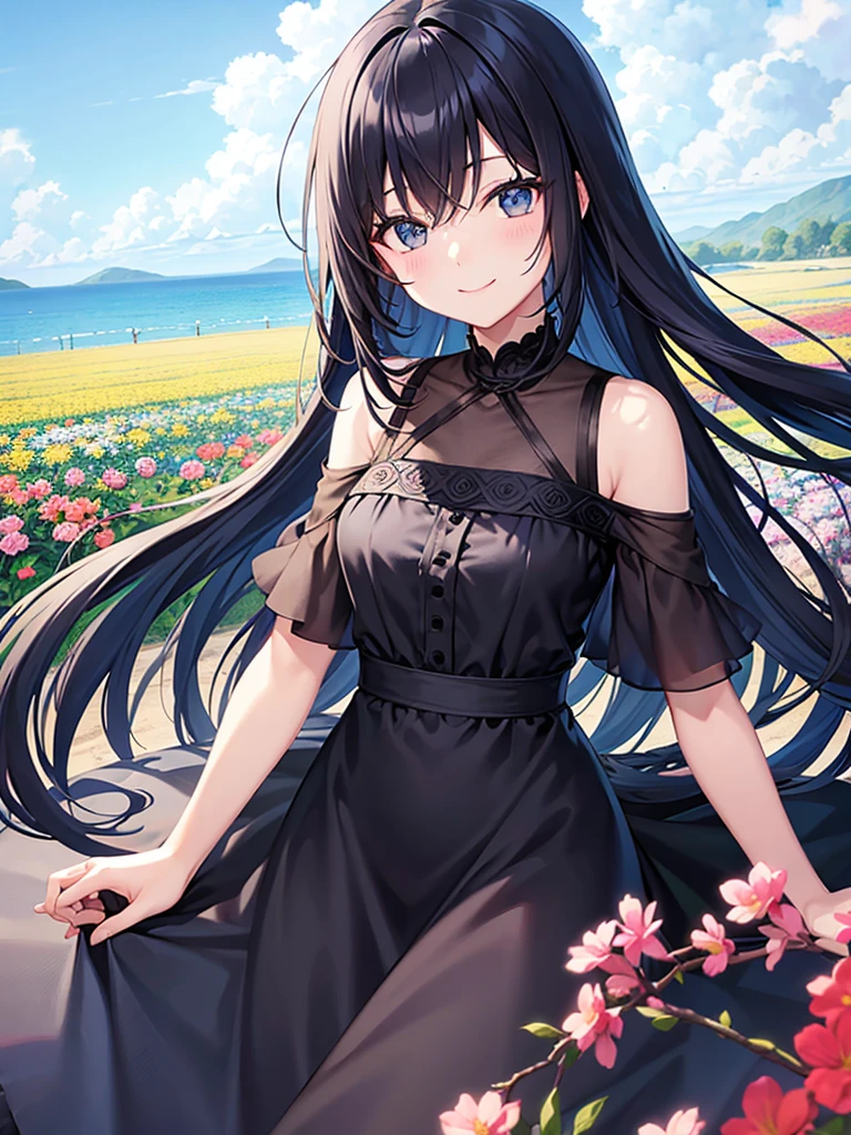 Flower Field、Blue sky、Long black hair、black eye、Woman in her early 20s、Face close-up、smile、Feminine clothes、turn around