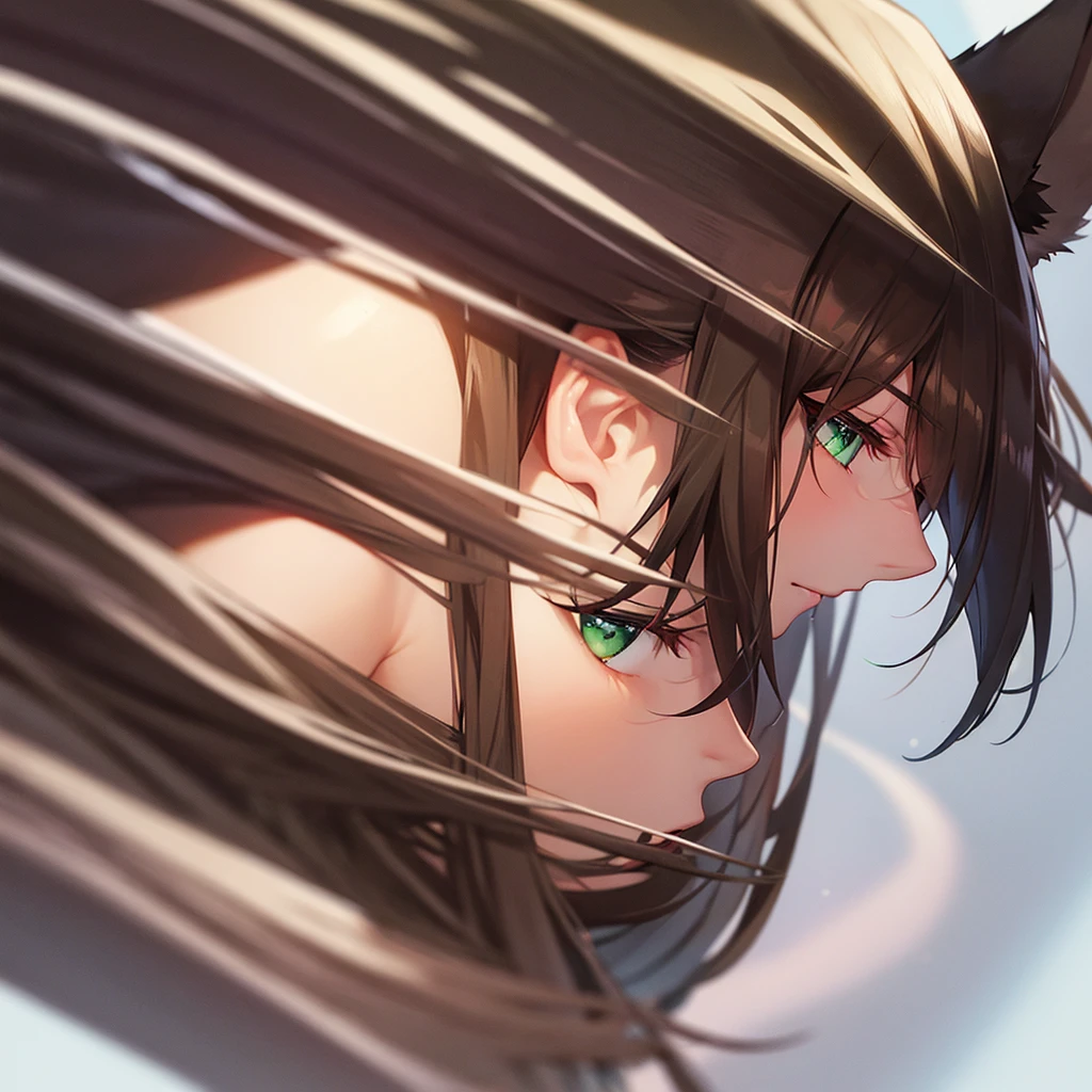 dark brown hair, Caucasian skin, ear wolf, clear green eyes 