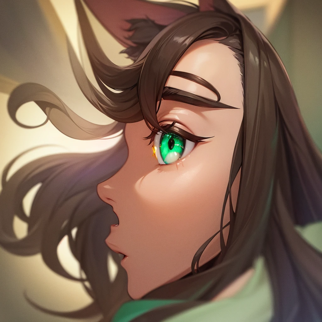 dark brown hair, Caucasian skin, ear wolf, clear green eyes 