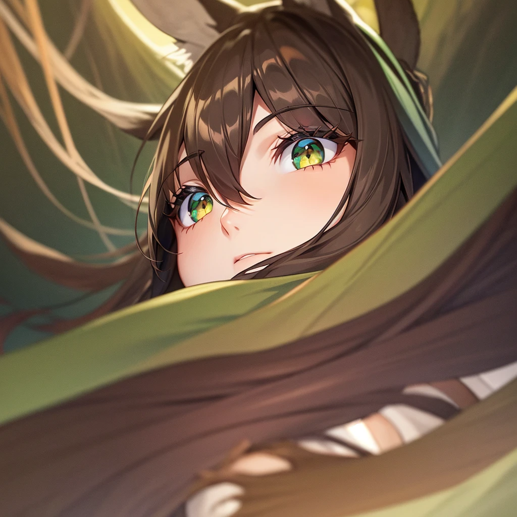 dark brown hair, Caucasian skin, ear wolf, clear green eyes