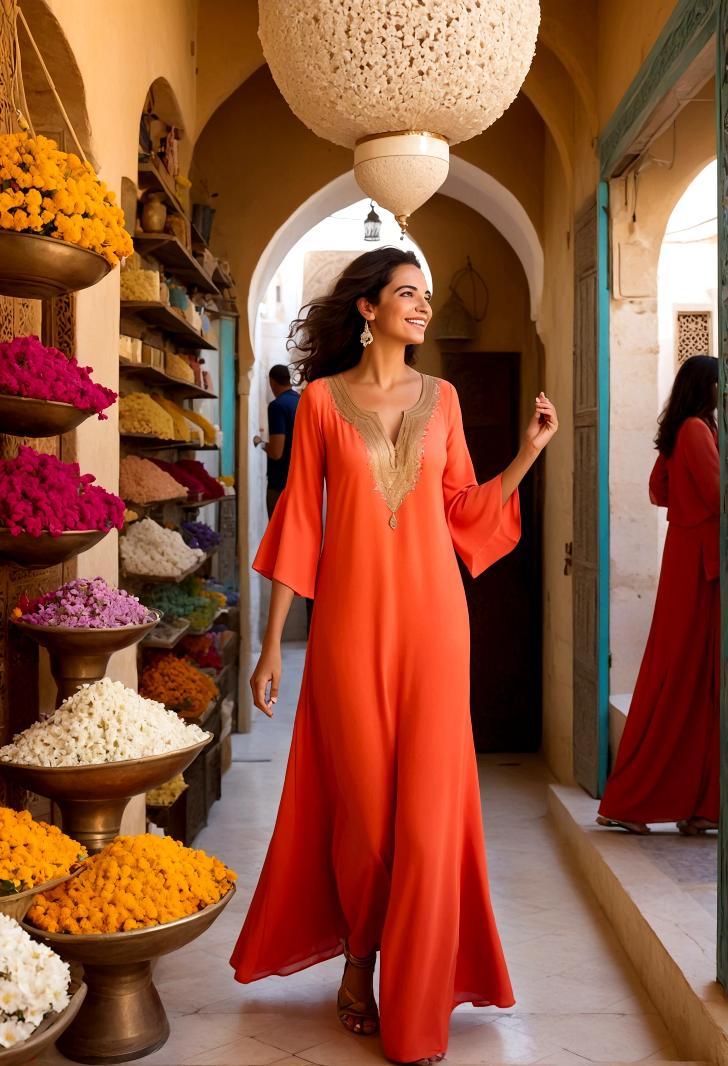 Imaginez une femme élégante et sophistiquée se promenant dans une boutique de luxe à Tunis. Elle porte une robe légère et fluide aux couleurs vives qui captent la lumière du soleil méditerranéen. Ses cheveux noirs brillants encadrent son visage parfaitement maquillé, accentué par des nuances de corail et de bronze. Autour d'elle, les étagères regorgent de sacs à main en cuir souple et de chaussures à talons ornées de motifs traditionnels tunisiens. Elle examine avec attention chaque détail, échangeant des sourires complices avec les vendeurs, mêlant français et arabe dans ses conversations. L'air est empli du parfum sucré des fleurs de jasmin, rappelant à chaque instant la beauté envoûtante de la Tunisie.