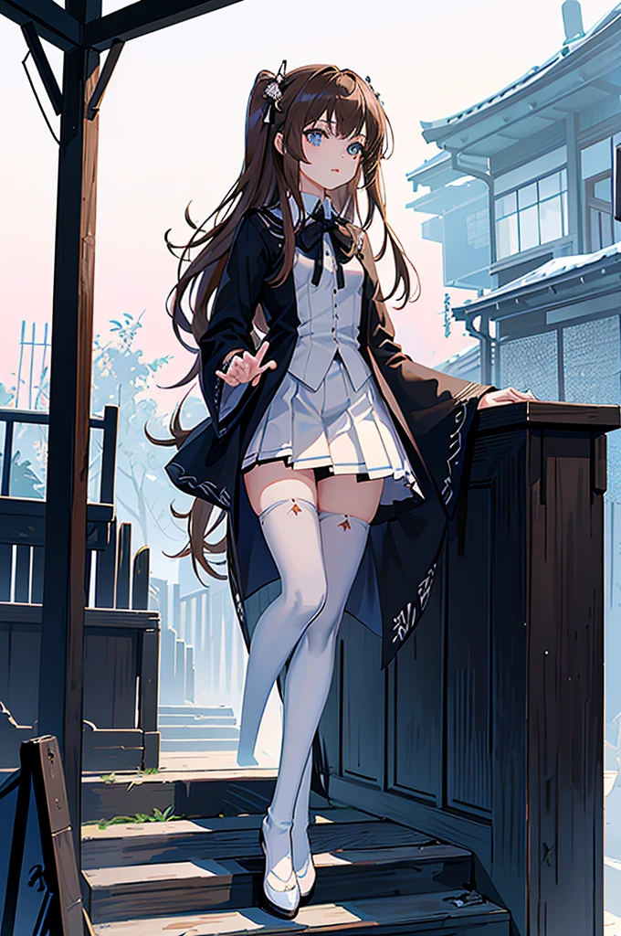 1girl,  solo, outdoors, long hair, holy place, Original,(Illustration:1.1),(Best Quality),(masutepiece:1.1),(the Extremely Detailed CG Unity 8K Wallpapers:1.1), (Colorful:0.9),(mid-shot:0.95),(extremely detailed beautiful face),(Solo:1.2), (girl),(((Lori))), (Detailed beautiful eyes:1.15), (Beautiful face:1.15), (Glowing blue eyes:1.25////),(((Brown Long Hair))),(two side up),(+perfect hand+:1.21),(Draw illustration of Japan priestess costume),(slender),(White pleated skirt),(Gothic),((black thighhighs)),(frilld),(Beautiful Slender Lolita Girl),hallowween,standing, girl,10 years old,  girl,foggy place,