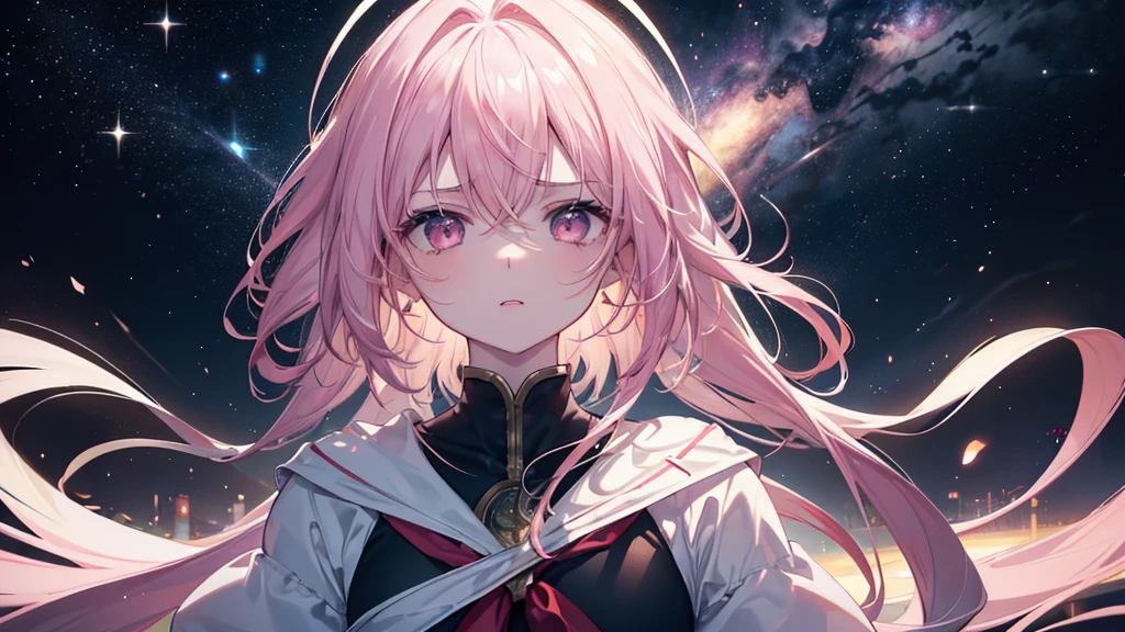 ((Glare,anger,Get Ready)), (((Highest quality、masterpiece、Ultra-fine、Ultra-fine、Exquisite、16K、Full HD,high school girl,))) 、Dark Eyes、Long eyelashes、White skin、(Pale pink lips、Pale pink cheeks、thin and long)、 ((cute)) ((One person)) 、((Glare)) 、Wide Shot、Space galaxy background、(A magnificent composition、epic proportion)、Dynamic lighting、、