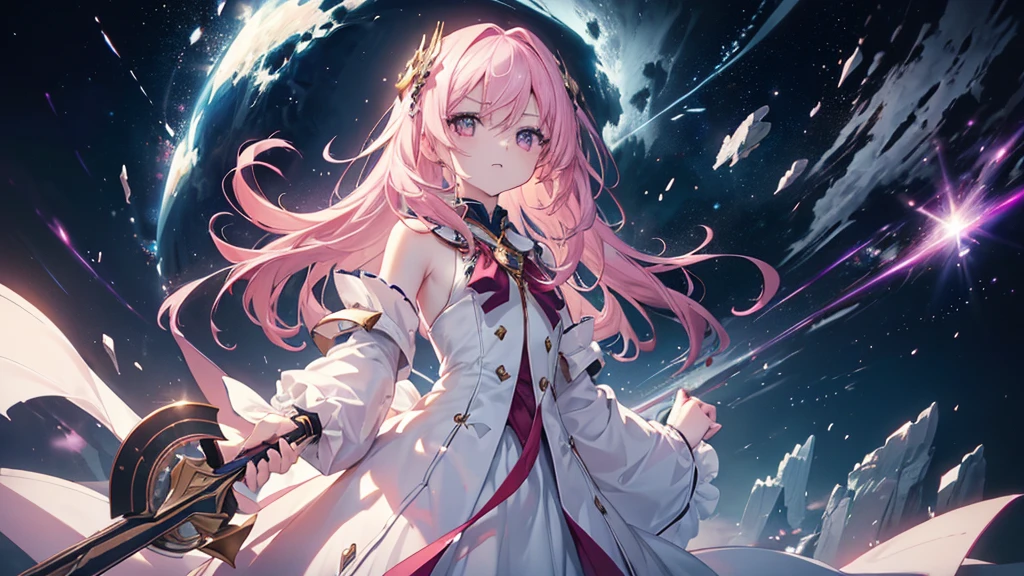 ((Glare,anger,Get Ready)), (((Highest quality、masterpiece、Ultra-fine、Ultra-fine、Exquisite、16K、Full HD,high school girl,))) 、Dark Eyes、Long eyelashes、White skin、(Pale pink lips、Pale pink cheeks、thin and long)、 ((cute)) ((One person)) 、((Glare)) 、Wide Shot、Space galaxy background、(A magnificent composition、epic proportion)、Dynamic lighting、、