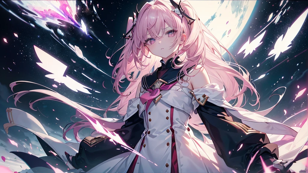 ((Glare,anger,Get Ready)), (((Highest quality、masterpiece、Ultra-fine、Ultra-fine、Exquisite、16K、Full HD,high school girl,))) 、Dark Eyes、Long eyelashes、White skin、(Pale pink lips、Pale pink cheeks、thin and long)、 ((cute)) ((One person)) 、((Glare)) 、Wide Shot、Space galaxy background、(A magnificent composition、epic proportion)、Dynamic lighting、、