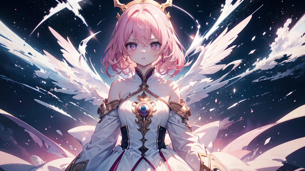 ((Glare,anger,Get Ready)), (((Highest quality、masterpiece、Ultra-fine、Ultra-fine、Exquisite、16K、Full HD,high school girl,))) 、Dark Eyes、Long eyelashes、White skin、(Pale pink lips、Pale pink cheeks、thin and long)、 ((cute)) ((One person)) 、((Glare)) 、Wide Shot、Space galaxy background、(A magnificent composition、epic proportion)、Dynamic lighting、、