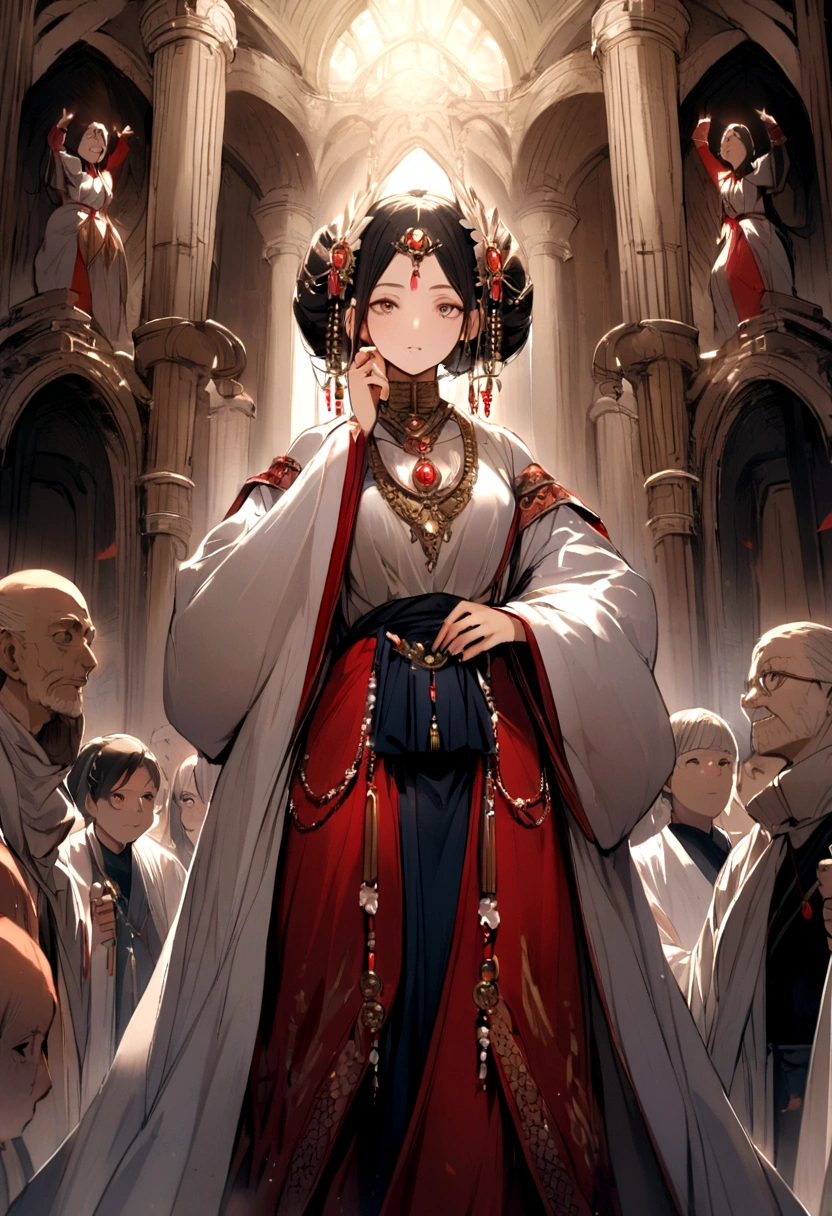 a girl in traditional clothing and jewelry, surrounded by her family and servants