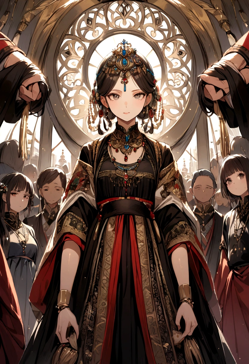 a girl in traditional clothing and jewelry, surrounded by her family and servants