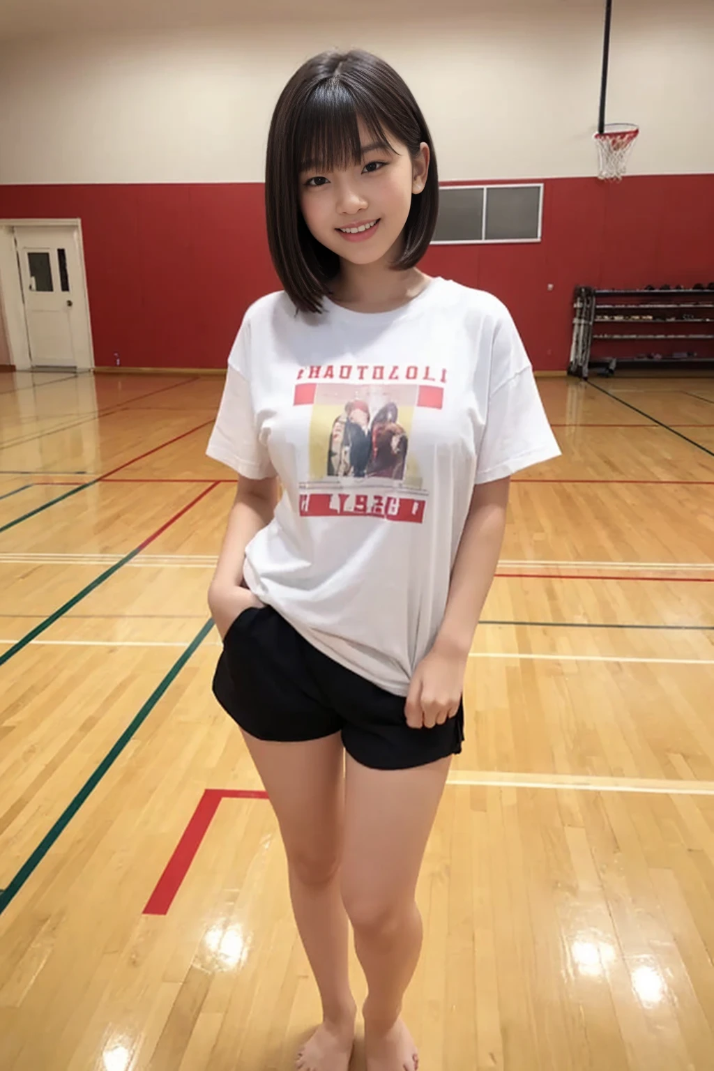 A girl, 18yo, cute smile girl, ((oversized T-shirt)), (cotton short pants, thick thighs), black pixie cut, huge breasts, in wooden floor school gym, half open mouth, (standing, view from front), full body shot, barefoot