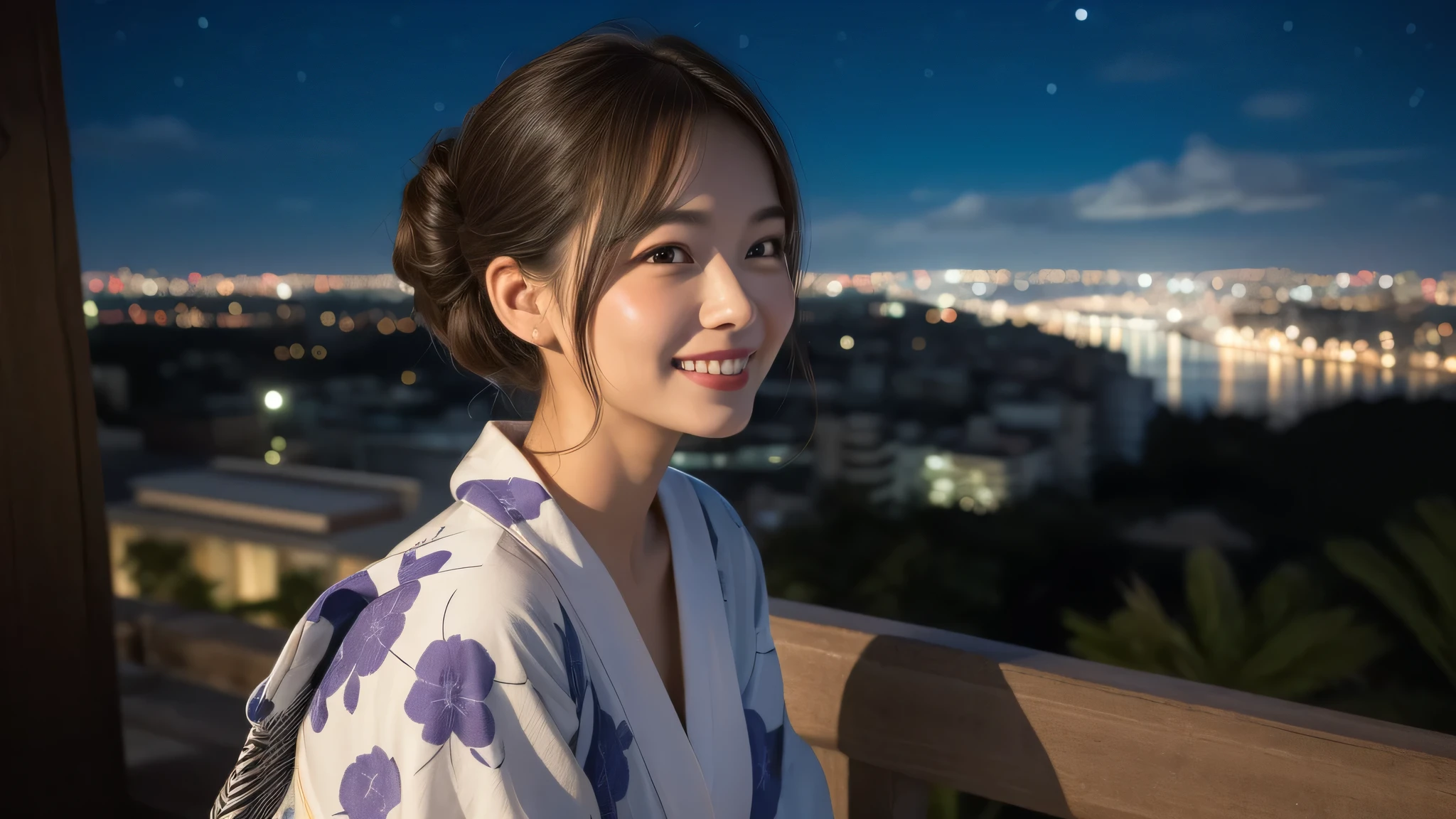 (1women), Updo hairstyle, (round eyes:1.2), (highly detailed face), (extremely detailed beautiful face), (smile happily), (floral pattern yukata), (Best Quality:1.4), (Ultra-detailed), extremely detailed CG unified 8k wallpaper, Realistic portrait, Beautiful detailed, High-definition raw color photos, professional photography, night sky, beautiful milky way, (fine face:1.2), focus on women, tanabata, (million dollar night view, The night view of the city is so beautiful, She is impressed by the beauty of the night view), From the side