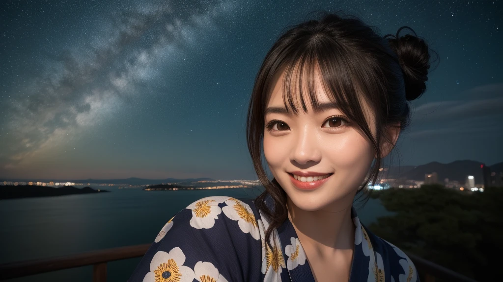(1women), Updo hairstyle, (round eyes:1.2), (highly detailed face), (extremely detailed beautiful face), (smile happily), (floral pattern yukata), (Best Quality:1.4), (Ultra-detailed), extremely detailed CG unified 8k wallpaper, Realistic portrait, Beautiful detailed, High-definition raw color photos, professional photography, night sky, beautiful milky way, (fine face:1.2), focus on women, tanabata, (million dollar night view, The night view of the city is so beautiful, She is impressed by the beauty of the night view), From the side