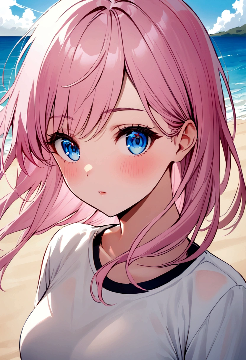 Beautiful Nordic girl, pink hair, blue eyes, 1.70 cm tall, sporty, the beach background