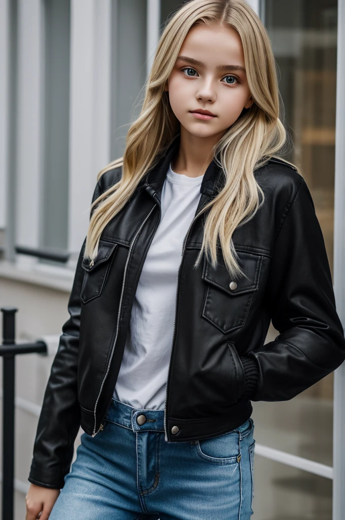 Ukrainian girl named Solomiya, she has acne on her forehead, blonde hair, she is wearing a tight black jacket with gray sleeves, oversized jeans with pockets, 8K quality, she is 13 years old, she is kind and cool, her jacket hugs her  (bust size 2 )
