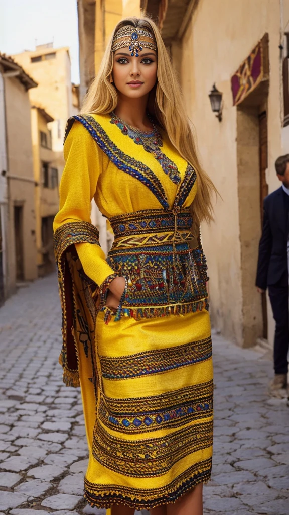 Most beautiful blonde lady, robe kabyle, berber,amazigh, kabyle beauty, bijoux,kabyledress, attractive, hd,best, perfect body ,yellow, street background