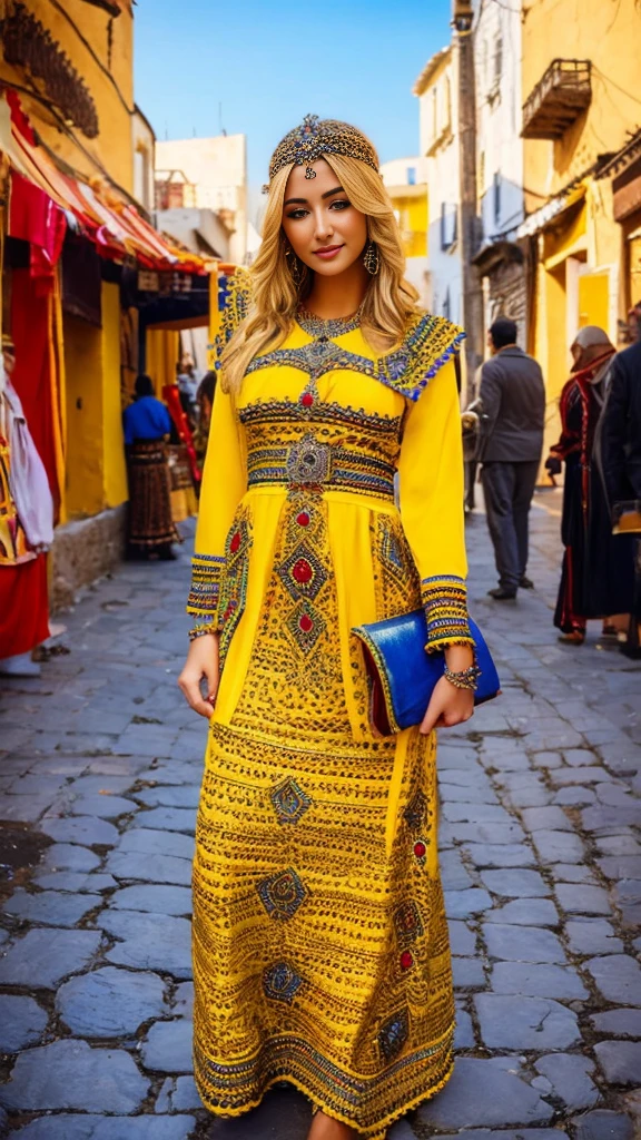 Most beautiful blonde lady, robe kabyle, berber,amazigh, kabyle beauty, bijoux,kabyledress, attractive, hd,best, perfect body ,yellow, street background