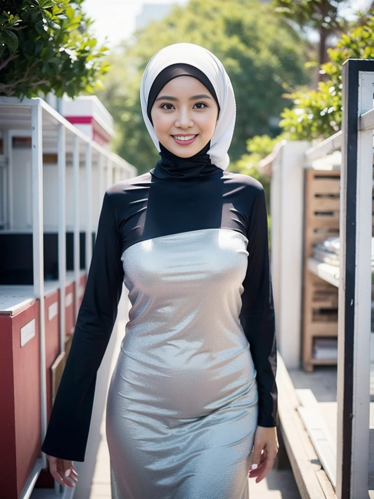 36 years Old, Hijab Indonesian mature woman, (hardware store), Slim body, tight long sleeve dress, Breast about To burst out, blur background, bokeh, smiling, elegant, detailed skin,