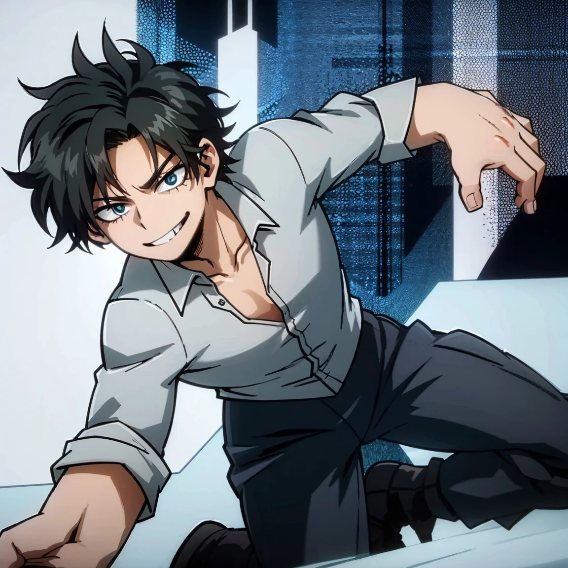 1boy, male focus, muscular body, short curly hair, black hair, blue eyes, smirk, gray jacket, white shirt, teal pants, boots