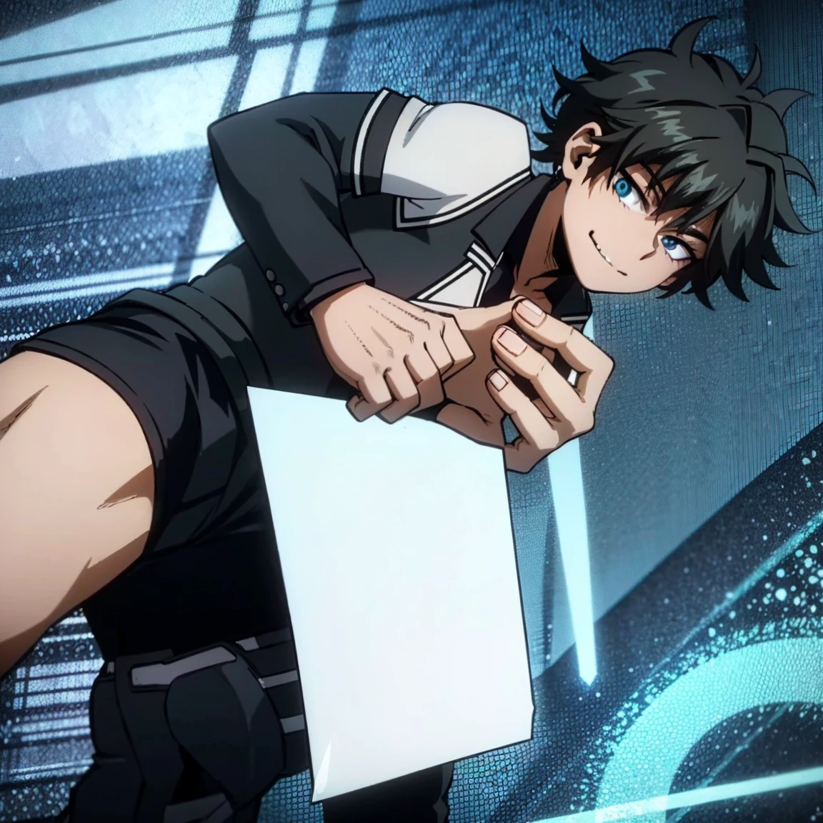 1boy, male focus, muscular body, short curly hair, black hair, blue eyes, smirk, gray jacket, white shirt, teal pants, boots