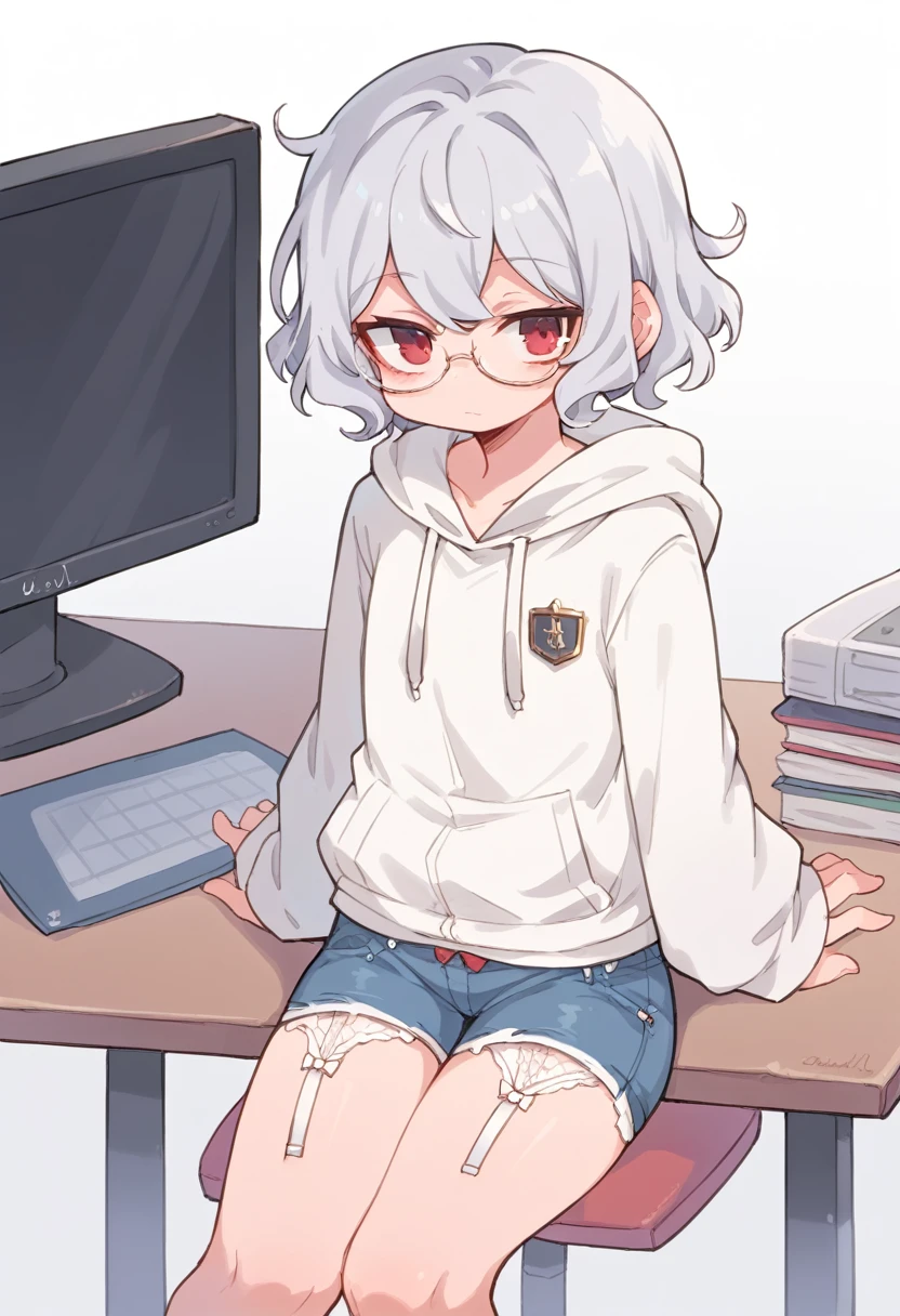 ((Perfect human body)),1girl,Silver Hair,Red eyes,Curly medium short hair,Square glasses,Wearing a large white coat,hoodie,,Dairy-free,garter belt,Sit on a chair,desk,Character portrait,full Art,Large surveillance monitor,computer,Messy desk,Short denim pants