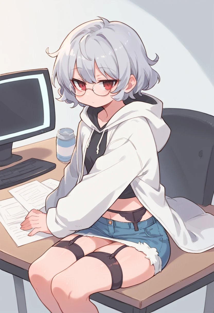 ((Perfect human body)),1girl,Silver Hair,Red eyes,Curly medium short hair,Square glasses,Wearing a large white coat,hoodie,,Dairy-free,garter belt,Sit on a chair,desk,Character portrait,full Art,Large surveillance monitor,computer,Messy desk,Short denim pants