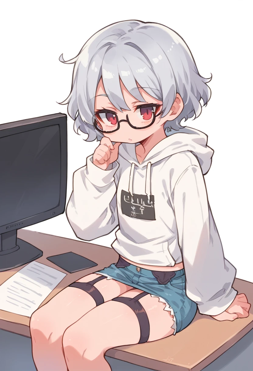 ((Perfect human body)),1girl,Silver Hair,Red eyes,Curly medium short hair,Square glasses,Wearing a large white coat,hoodie,,Dairy-free,garter belt,Sit on a chair,desk,Character portrait,full Art,Large surveillance monitor,computer,Messy desk,Short denim pants
