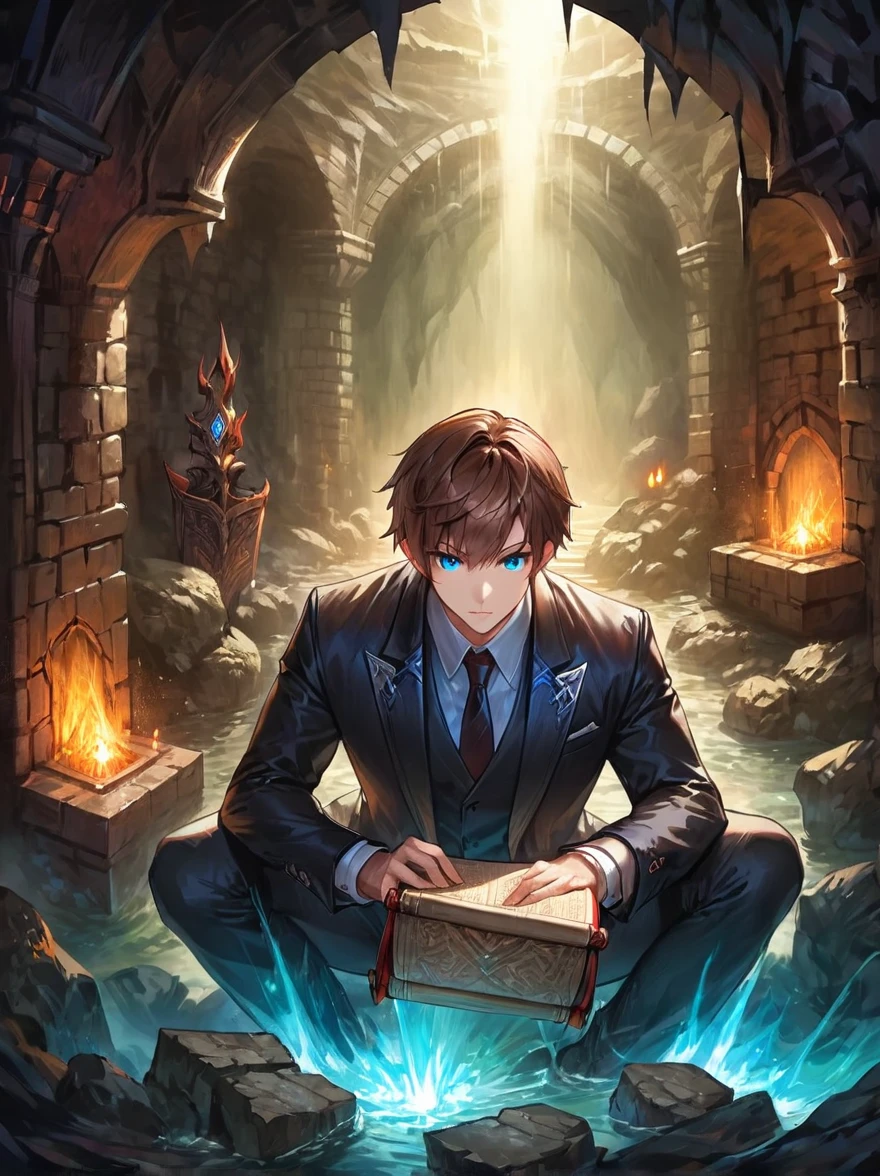 (((Dungeons & Dragons))),underground lair featuring an 1man wearing a black suit jacket, scrolls, mysterious runes,rock walls, ,intense blue eyes,captivating face, (short brown hair), dungeon lighting, caves, high fantasy
