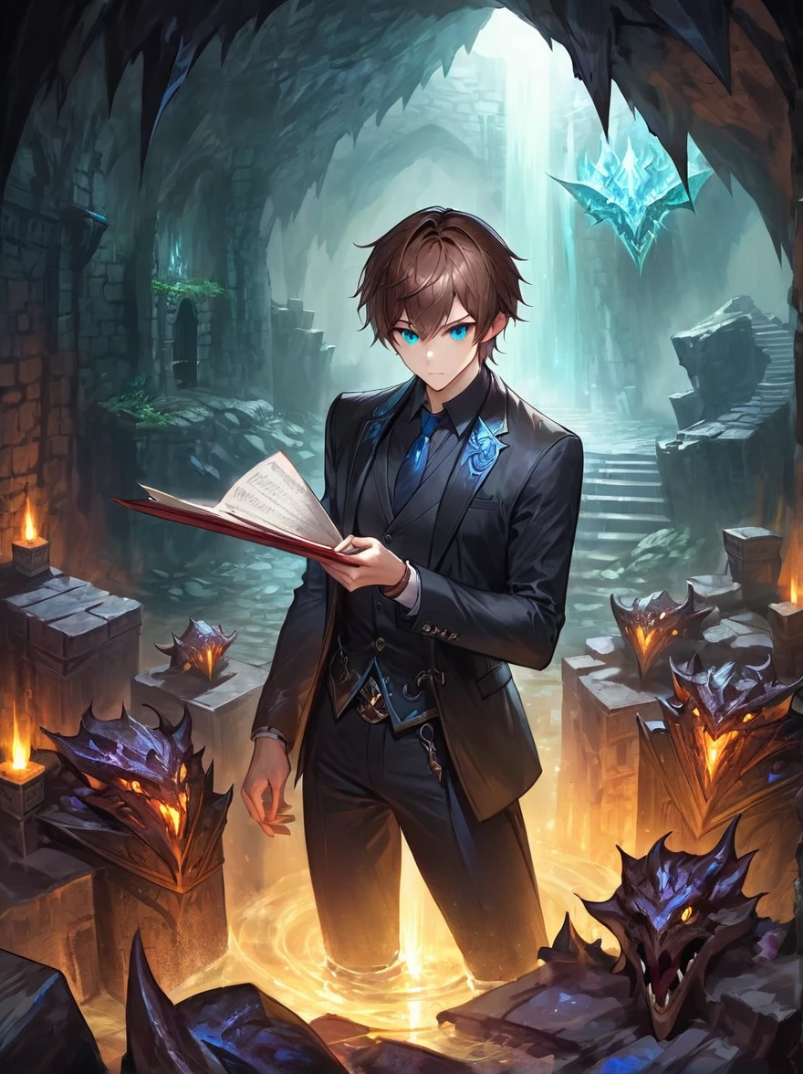 (((Dungeons & Dragons))),underground lair featuring an 1man wearing a black suit jacket, scrolls, mysterious runes,rock walls, ,intense blue eyes,captivating face, (short brown hair), dungeon lighting, caves, high fantasy