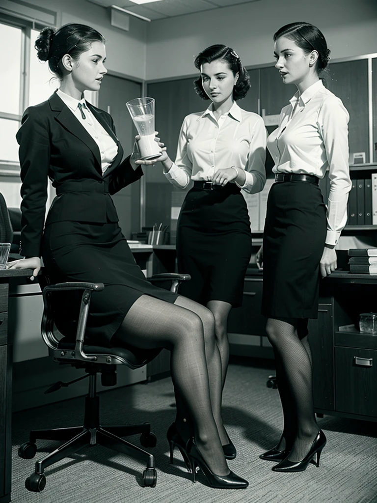 1950 Era Office woman sitting in an office chair dressed in office skirt suit with two women co-workers pouring pitchers of water on head, fire sprinklers on, wet office suits, pantyhose, water running thru clothes